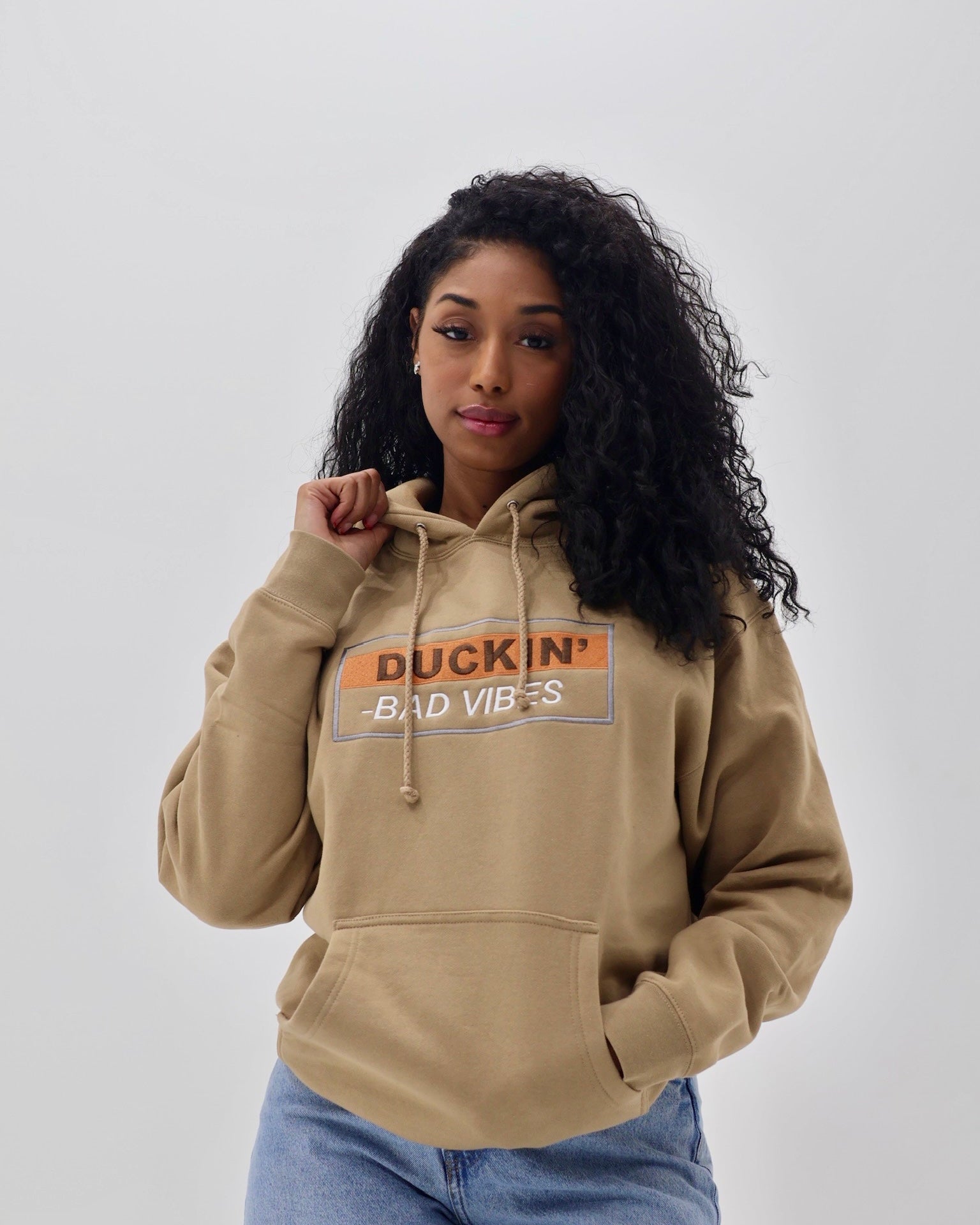 DUCKIN BAD VIBES PREMIUM EMBROIDERED HOODIE (SANDSTONE)
