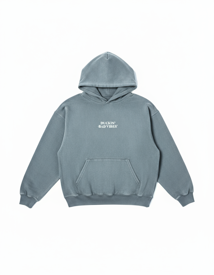 DUCKIN BAD VIBES CENTER LOGO   EMBROIDERED PREMIUM HOODIE (STONE BLUE)