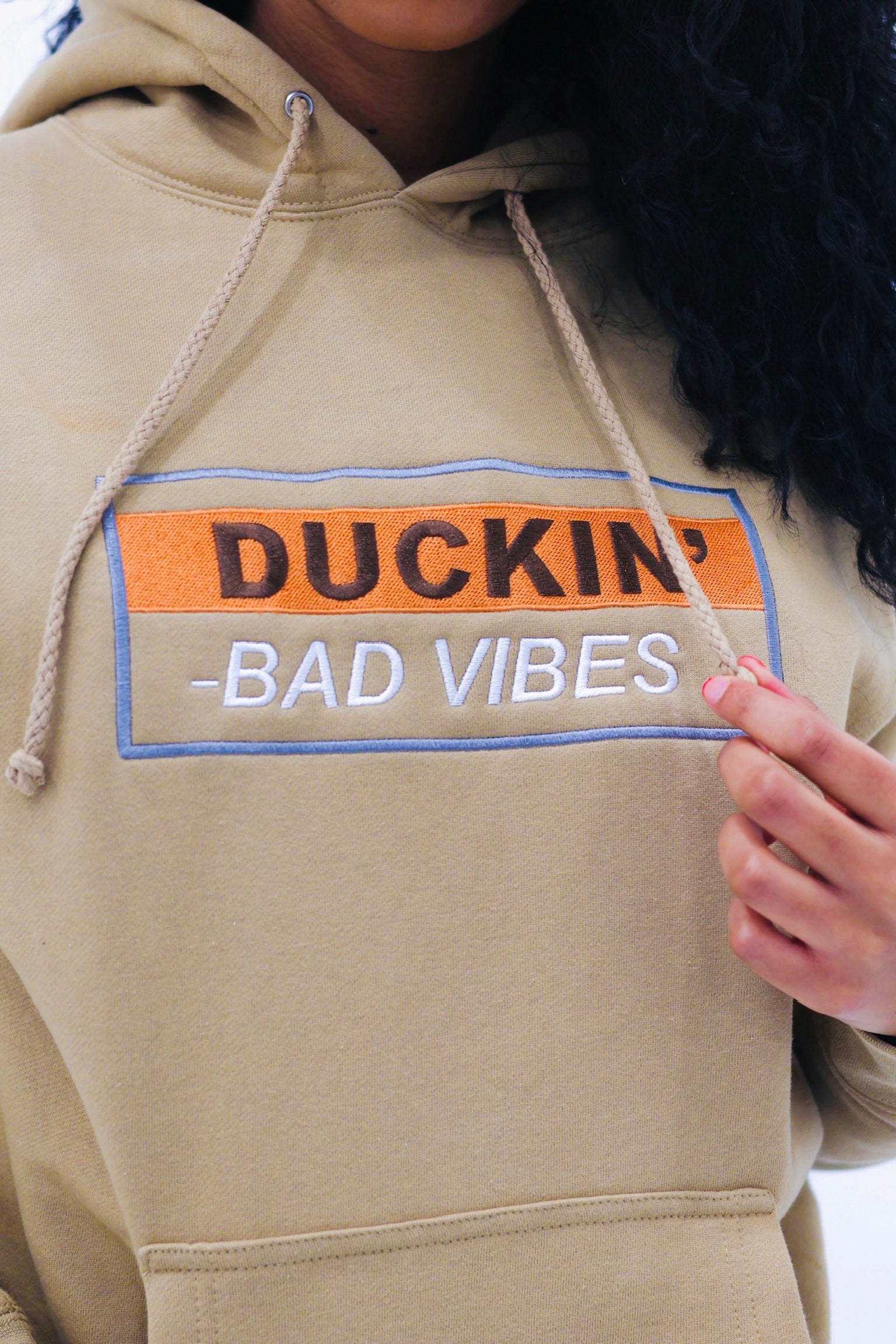 DUCKIN BAD VIBES PREMIUM EMBROIDERED HOODIE (SANDSTONE)