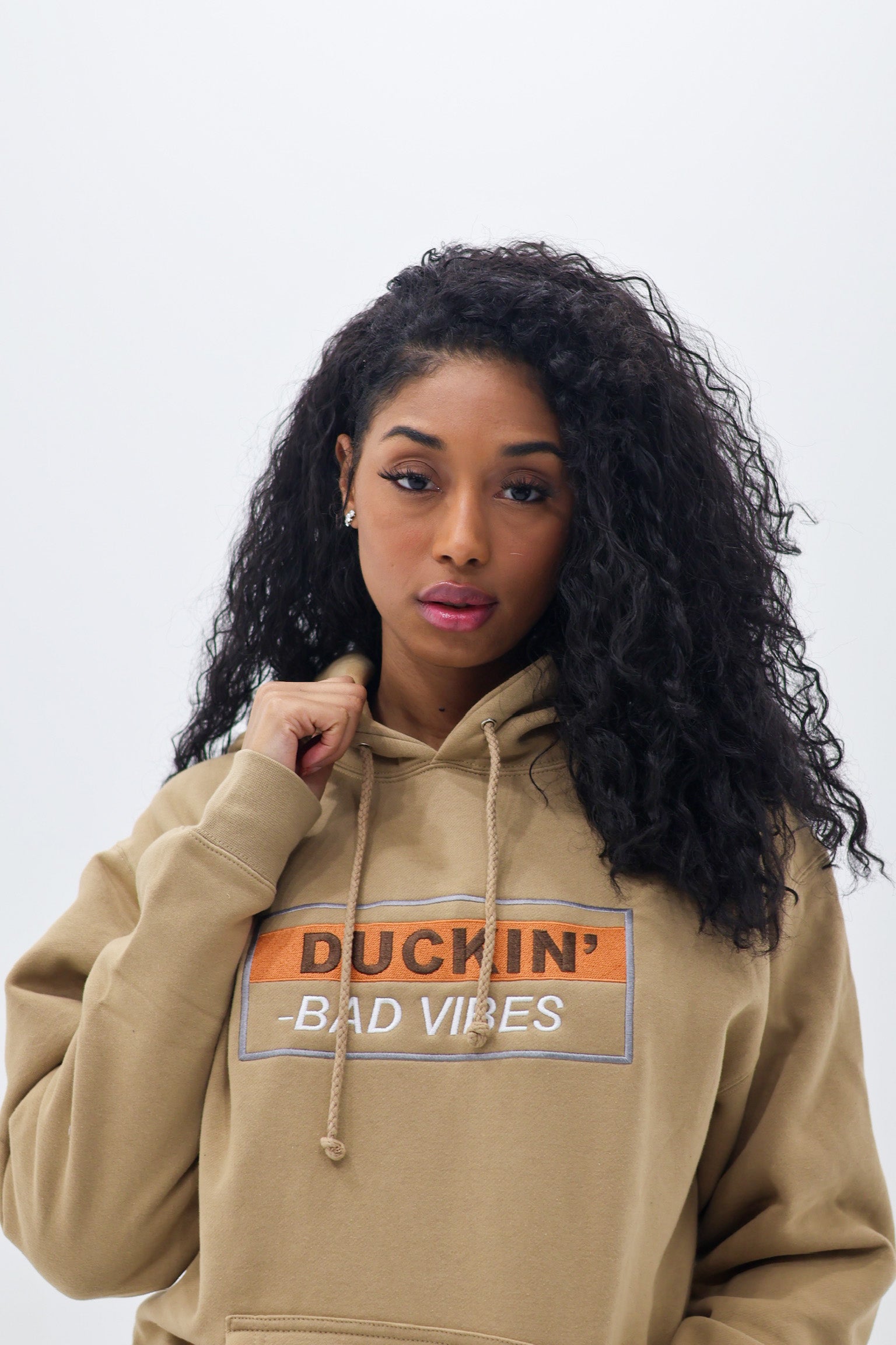 DUCKIN BAD VIBES PREMIUM EMBROIDERED HOODIE (SANDSTONE)