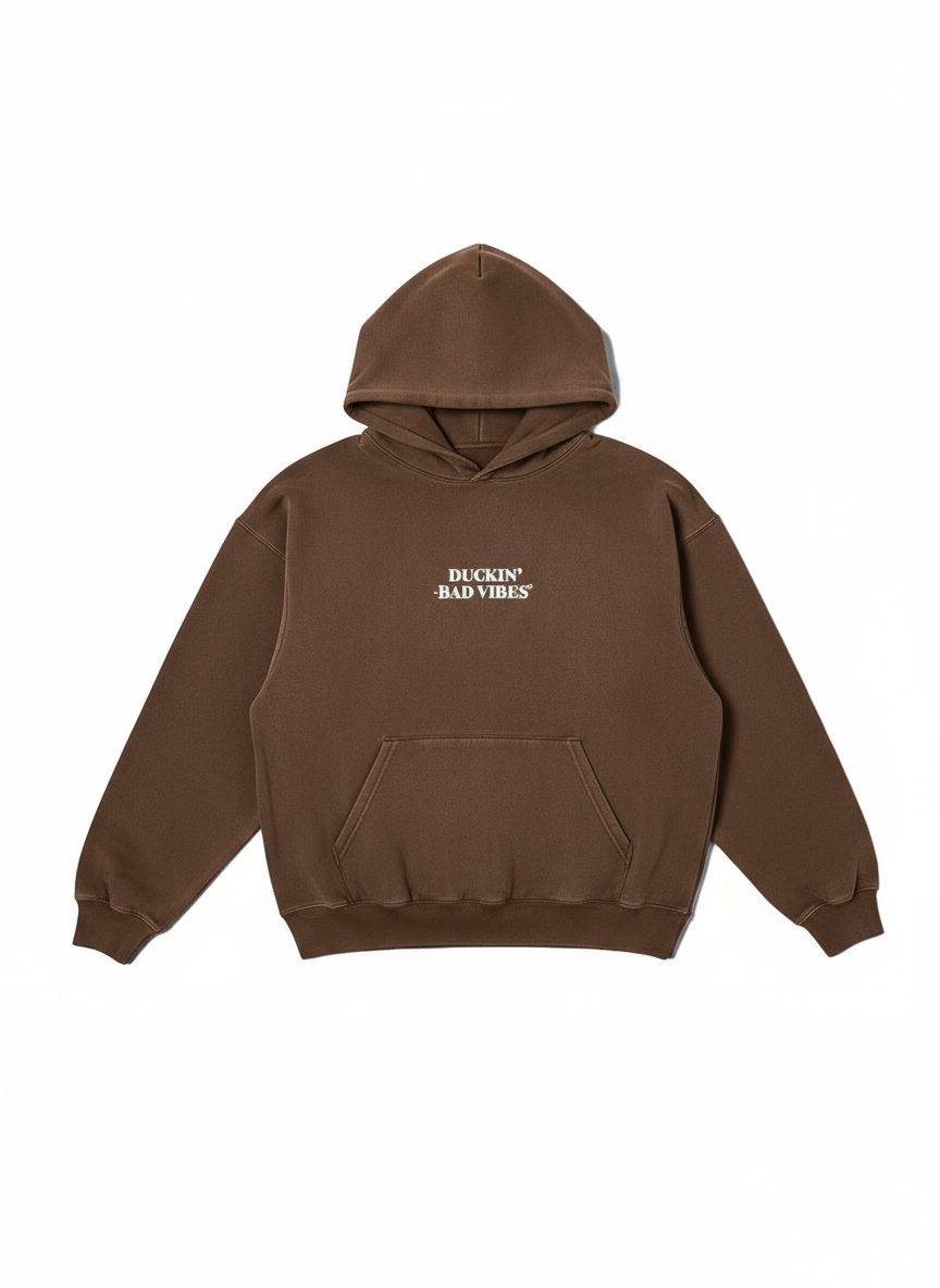 DUCKIN BAD VIBES CENTER LOGO   EMBROIDERED PREMIUM HOODIE (BROWN)