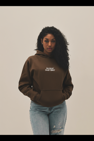 DUCKIN BAD VIBES CENTER LOGO   EMBROIDERED PREMIUM HOODIE (BROWN)